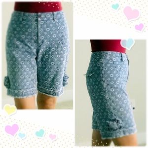 Embroidered Frayed Denim Bermuda with Bows
